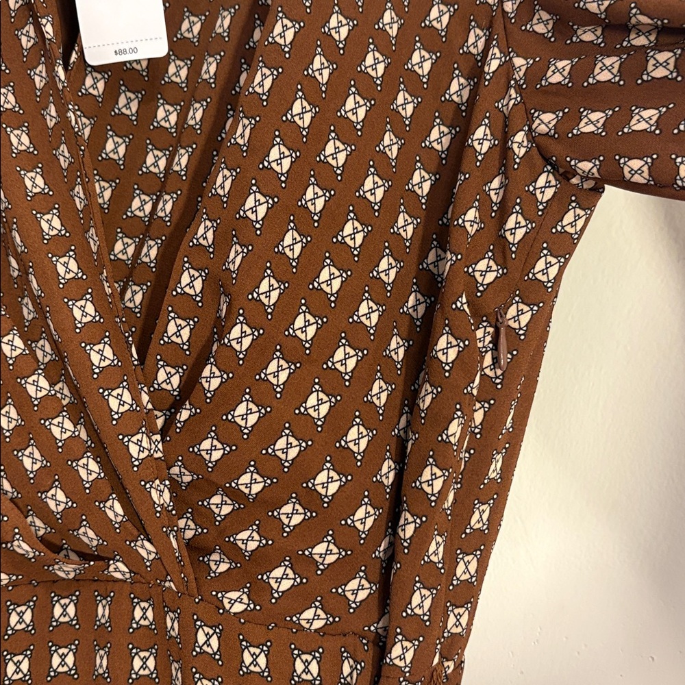 NWT Chocolate Brown Printed Collared Long Sleeve Tie Waist Tiered Mini Dress - Picture 9 of 12